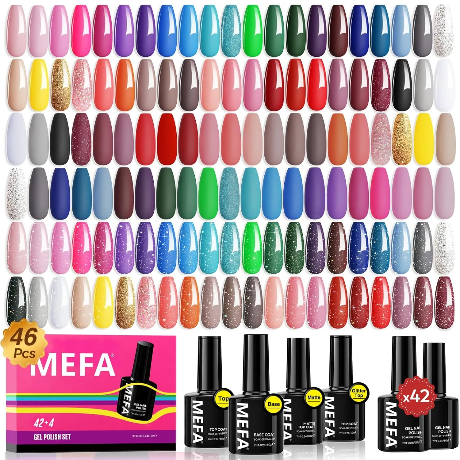 MEFA 47 PCS Gel Nail Polish Kit, 42 Colors Collection Pink Purple Colorful Gel Polish Set with 5 Pcs Base and Glossy/Matte/Glitter Top Coat DIY Manicure Art at Home Gifts for Women