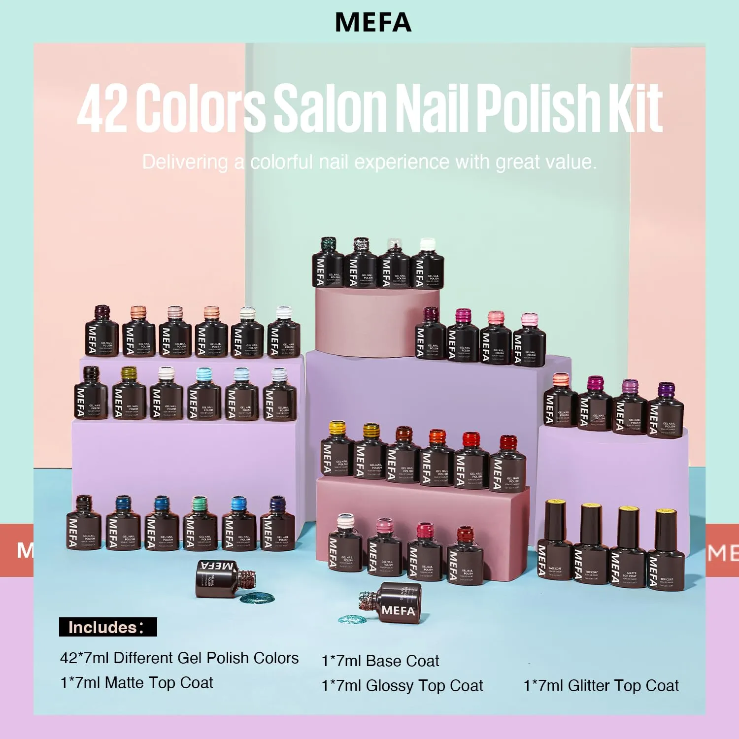 MEFA 47 PCS Gel Nail Polish Kit, 42 Colors Collection Pink Purple Colorful Gel Polish Set with 5 Pcs Base and Glossy/Matte/Glitter Top Coat DIY Manicure Art at Home Gifts for Women