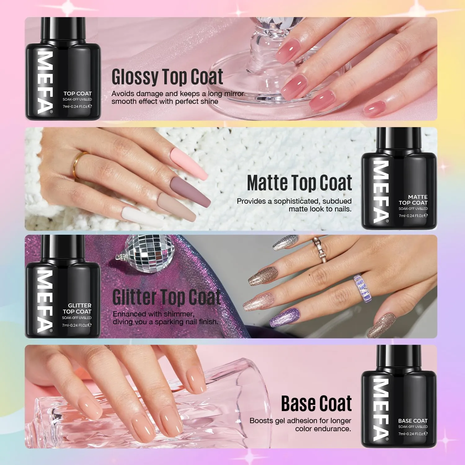 MEFA 47 PCS Gel Nail Polish Kit, 42 Colors Collection Pink Purple Colorful Gel Polish Set with 5 Pcs Base and Glossy/Matte/Glitter Top Coat DIY Manicure Art at Home Gifts for Women