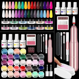 MEFA Dip Powder Nail Kit with Portable Electric Nail Drill, Summer Glitter Shimmery Hot Pink Pastel Violet Neon Orange 32 Colors Dipping Powder Liquid Set Bright Shades French Nail Art Manicure Salon