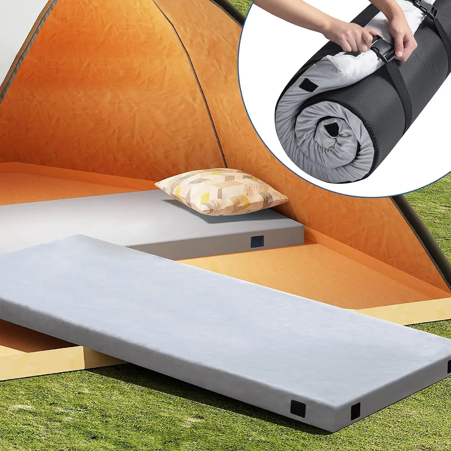 Memory Foam Camping Mattress,Portable Roll Up Sleeping Pad with Removable Waterproof Cover Travel Bag,Comfortable Tent Mattress Floor Sleeping Mats for Car Outdoor Travel CertiPUR-US Made in USA