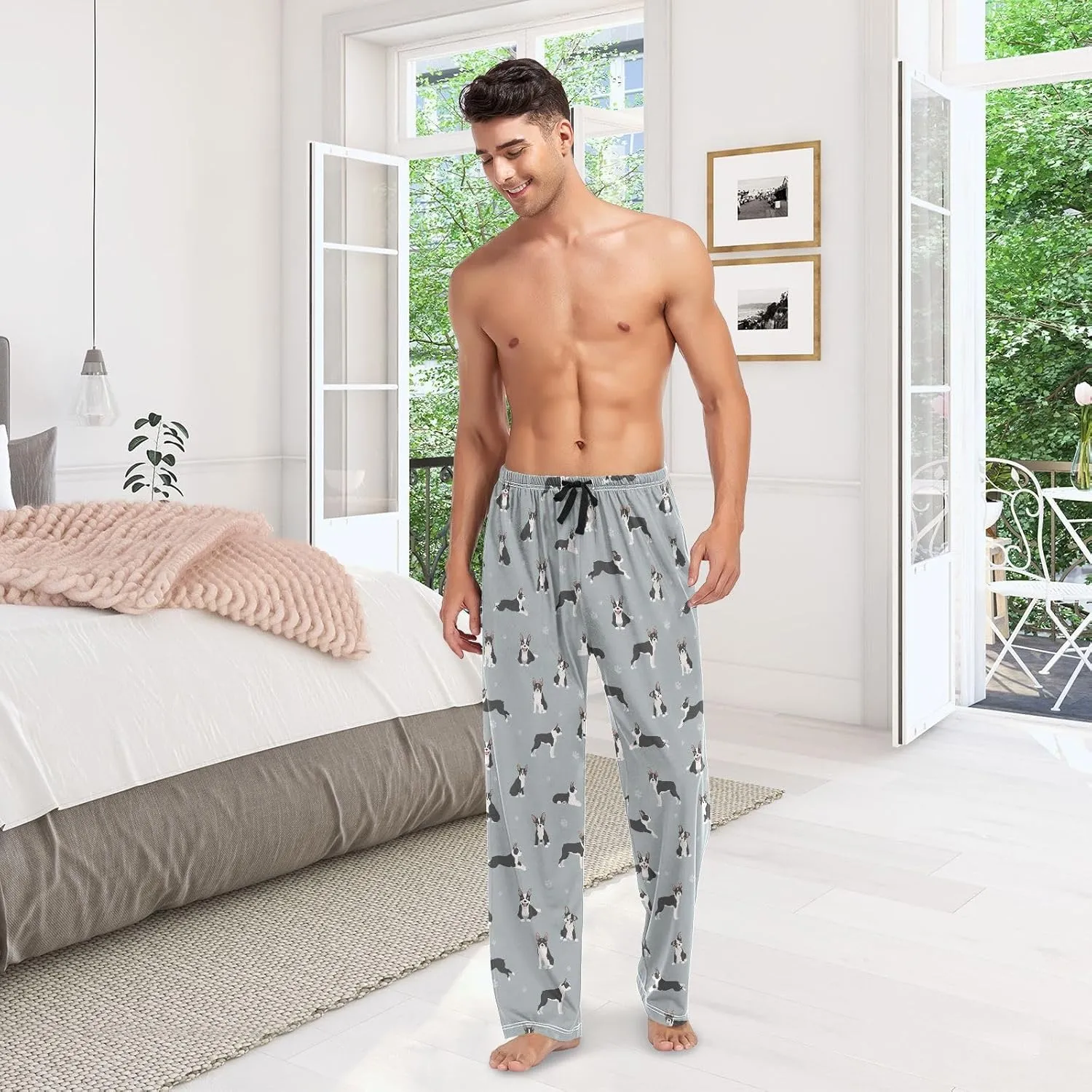 Mens Pajama Pants Boston Terrier Dogs Paw Cute Animals Soft Lounge Sleep Pj Bottoms with Drawstring Pockets