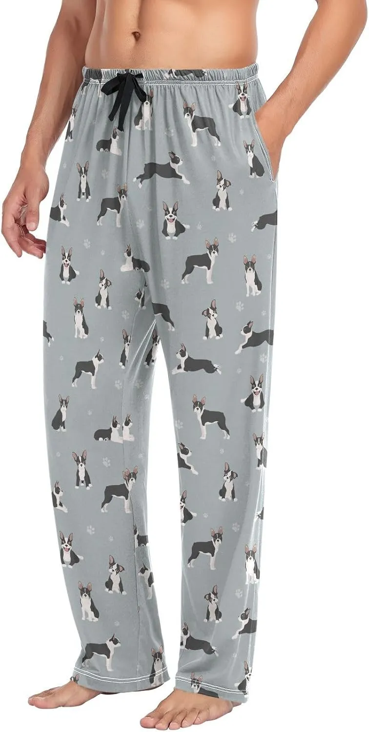 Mens Pajama Pants Boston Terrier Dogs Paw Cute Animals Soft Lounge Sleep Pj Bottoms with Drawstring Pockets
