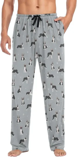 Mens Pajama Pants Boston Terrier Dogs Paw Cute Animals Soft Lounge Sleep Pj Bottoms with Drawstring Pockets