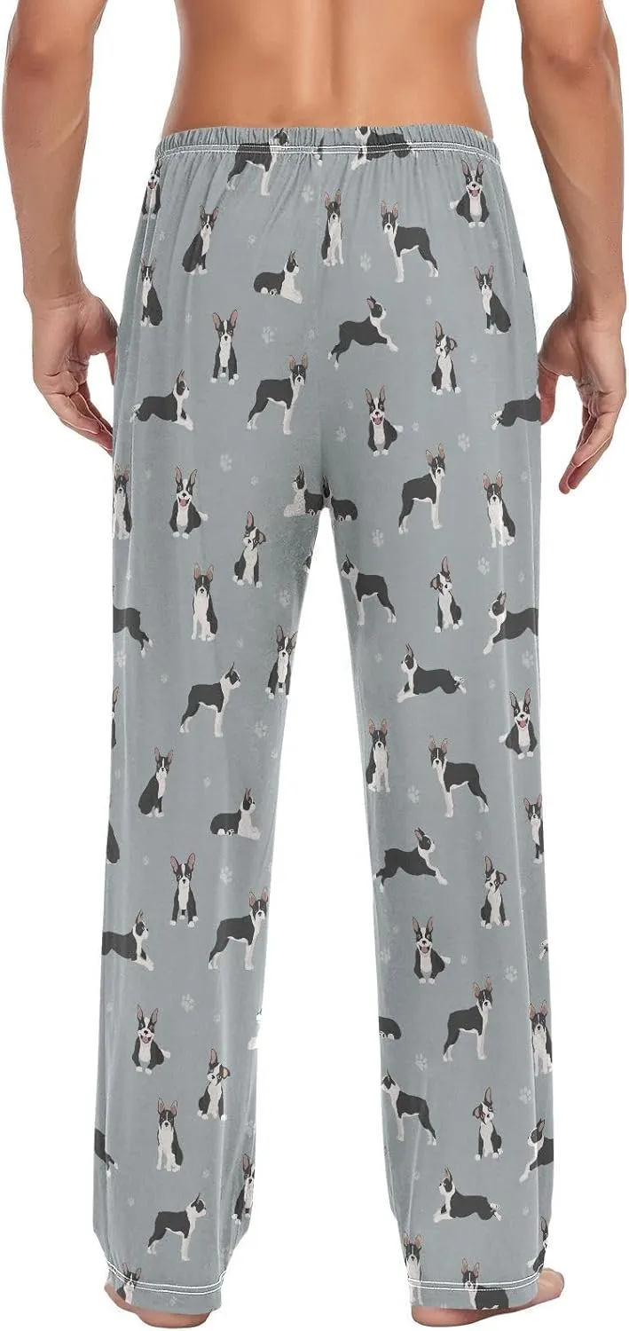 Mens Pajama Pants Boston Terrier Dogs Paw Cute Animals Soft Lounge Sleep Pj Bottoms with Drawstring Pockets