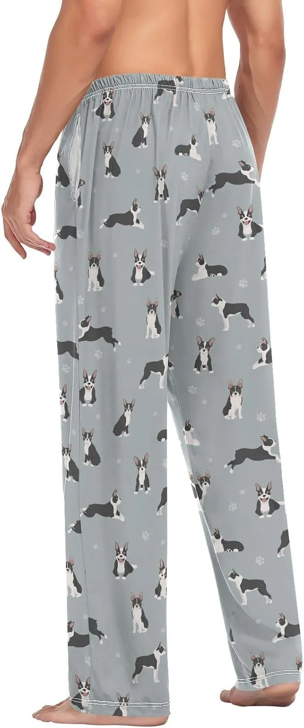 Mens Pajama Pants Boston Terrier Dogs Paw Cute Animals Soft Lounge Sleep Pj Bottoms with Drawstring Pockets