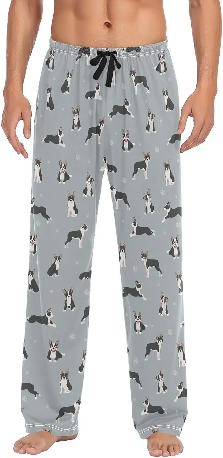 Mens Pajama Pants Boston Terrier Dogs Paw Cute Animals Soft Lounge Sleep Pj Bottoms with Drawstring Pockets