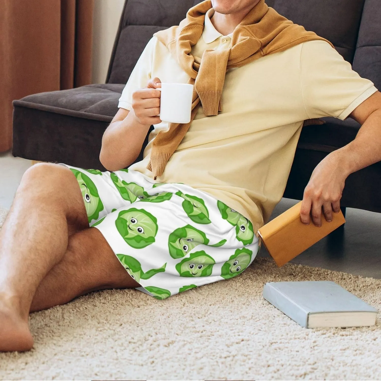 Mens Pajama Shorts with Pockets - bright cabbage cute eyes funny Soft Lounge Pj Sleep Shorts Pajama Bottoms for Men