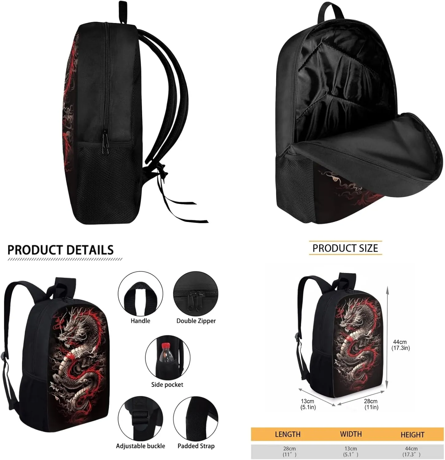 Merkmak Boys Dragon Backpack 3 Pcs Set for 3-9 Years Kids Cool Bookbag,Loong School Bag for 2Nd 3Rd Children Black Book Bag with Water Bottle and Lunch Box for School Supplies
