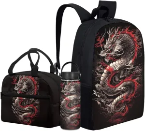 Merkmak Boys Dragon Backpack 3 Pcs Set for 3-9 Years Kids Cool Bookbag,Loong School Bag for 2Nd 3Rd Children Black Book Bag with Water Bottle and Lunch Box for School Supplies