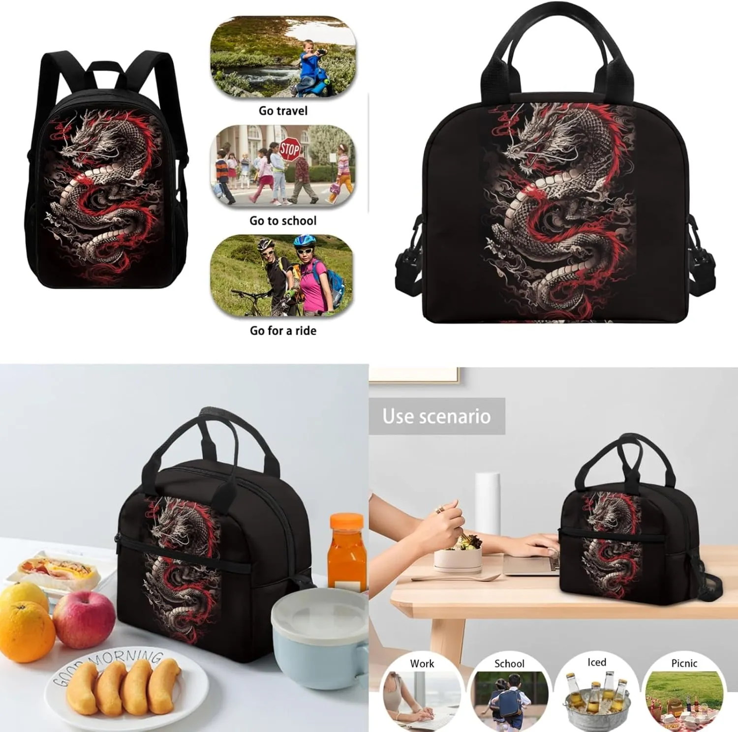 Merkmak Boys Dragon Backpack 3 Pcs Set for 3-9 Years Kids Cool Bookbag,Loong School Bag for 2Nd 3Rd Children Black Book Bag with Water Bottle and Lunch Box for School Supplies