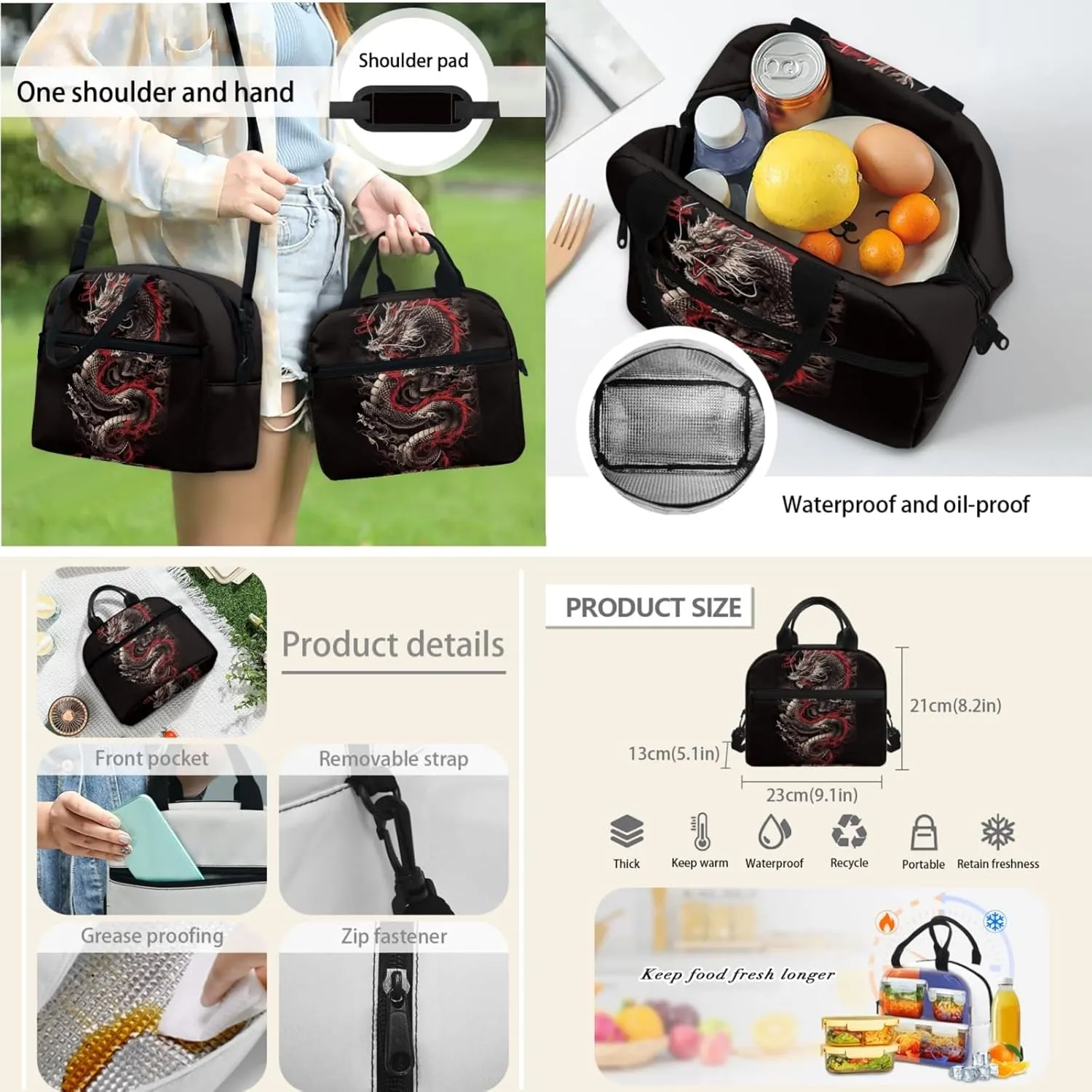 Merkmak Boys Dragon Backpack 3 Pcs Set for 3-9 Years Kids Cool Bookbag,Loong School Bag for 2Nd 3Rd Children Black Book Bag with Water Bottle and Lunch Box for School Supplies