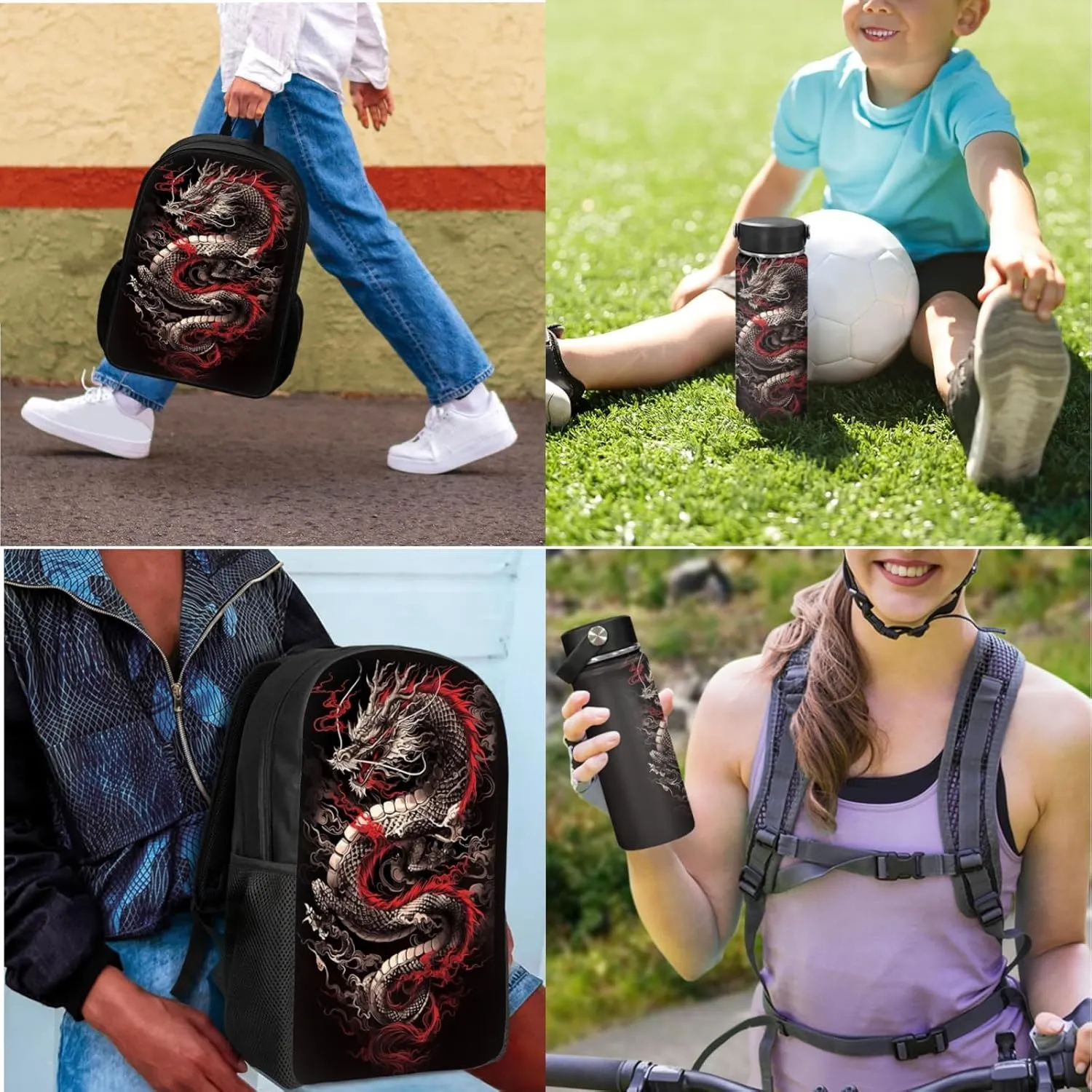 Merkmak Boys Dragon Backpack 3 Pcs Set for 3-9 Years Kids Cool Bookbag,Loong School Bag for 2Nd 3Rd Children Black Book Bag with Water Bottle and Lunch Box for School Supplies