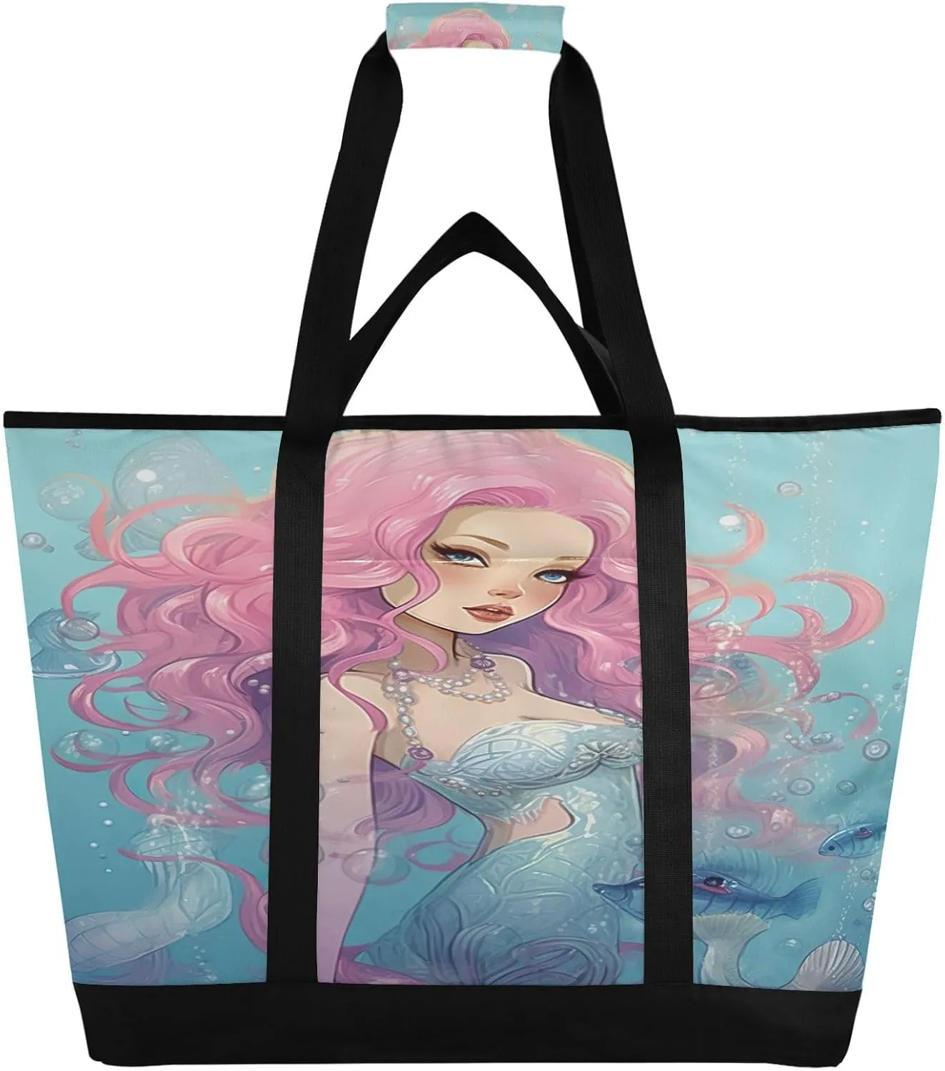 Mermaid Reusable Insulated Lunchbox Cooler Bag, Leakproof Kitchen Grocery Bag Collapsible Portable Cooler Tote Bag for Picnic, Camping, Office, Travel