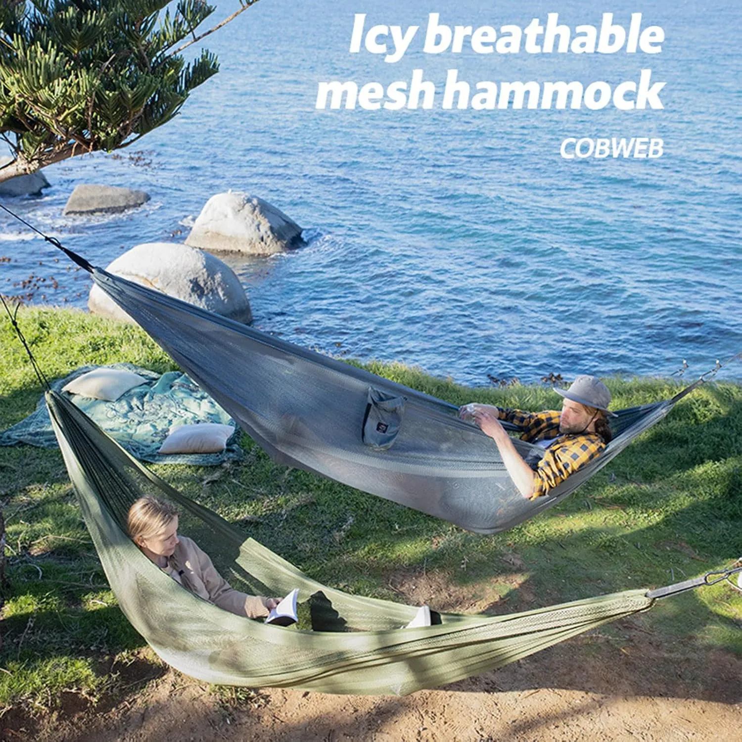 Mesh Hammock, Portable Camping Mesh Hammock, Breathable Lightweight Ice Silk Double & Single Nylon Hammocks, for Outdoor Adventures Camping (290 X180cm,Blue)