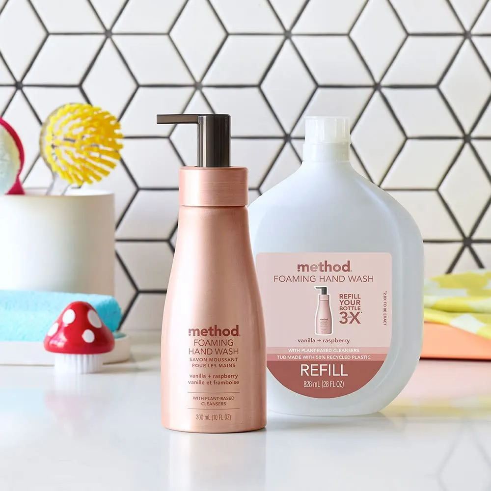 Method Premium Foaming Hand Wash, Vanilla   Raspberry, Reusable Pink Aluminum Bottle, Biodegradable Formula, 10 fl oz (Pack of 3)