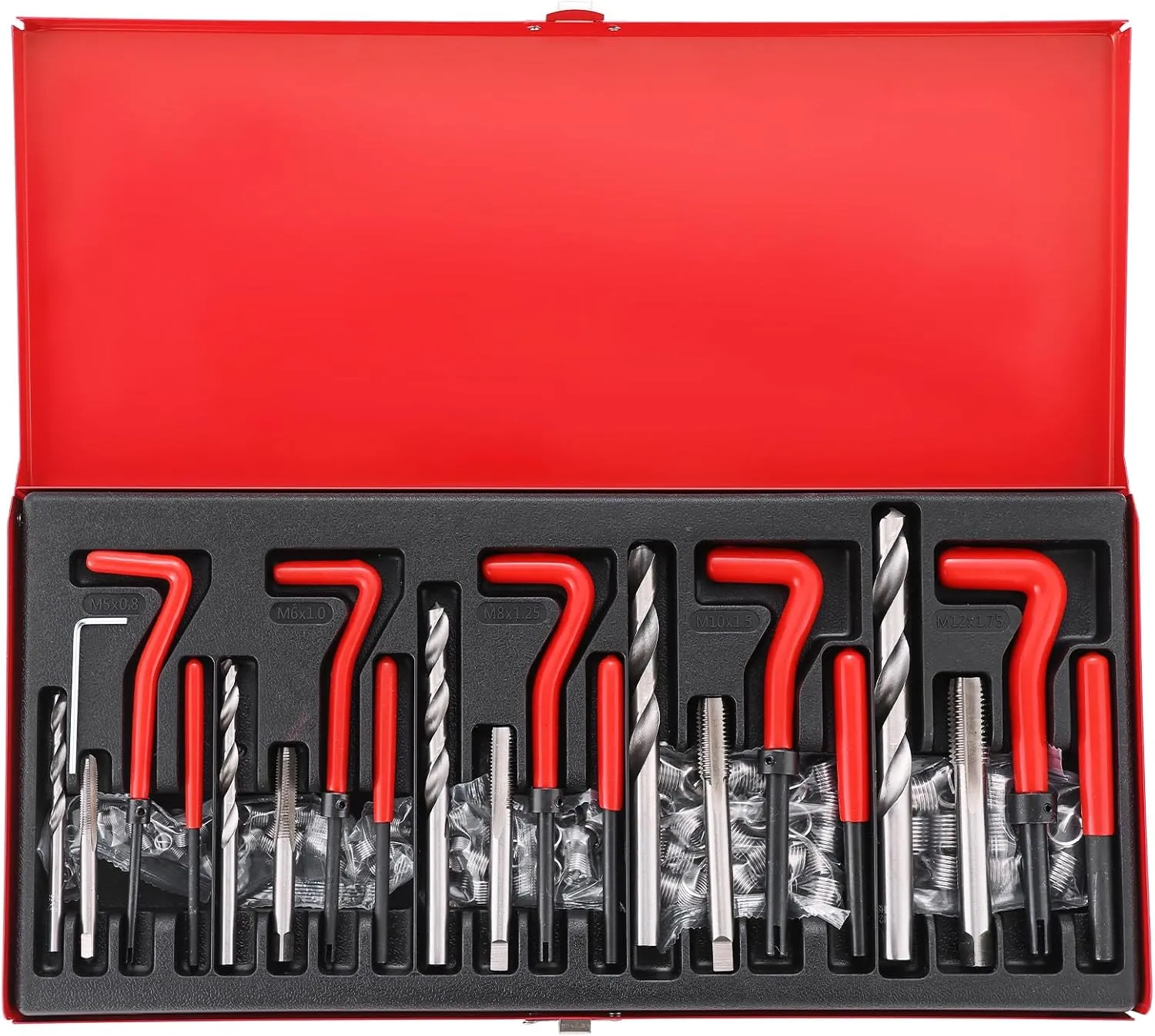 Metric Thread Repair Tool Kit, 131pcs HSS Drill Bits Taps Threaded Inserts Installation Tool and Helicoil Thread Repair Kit for Repairing M5 M6 M8 M10 M12 External and Internal Screw Holes