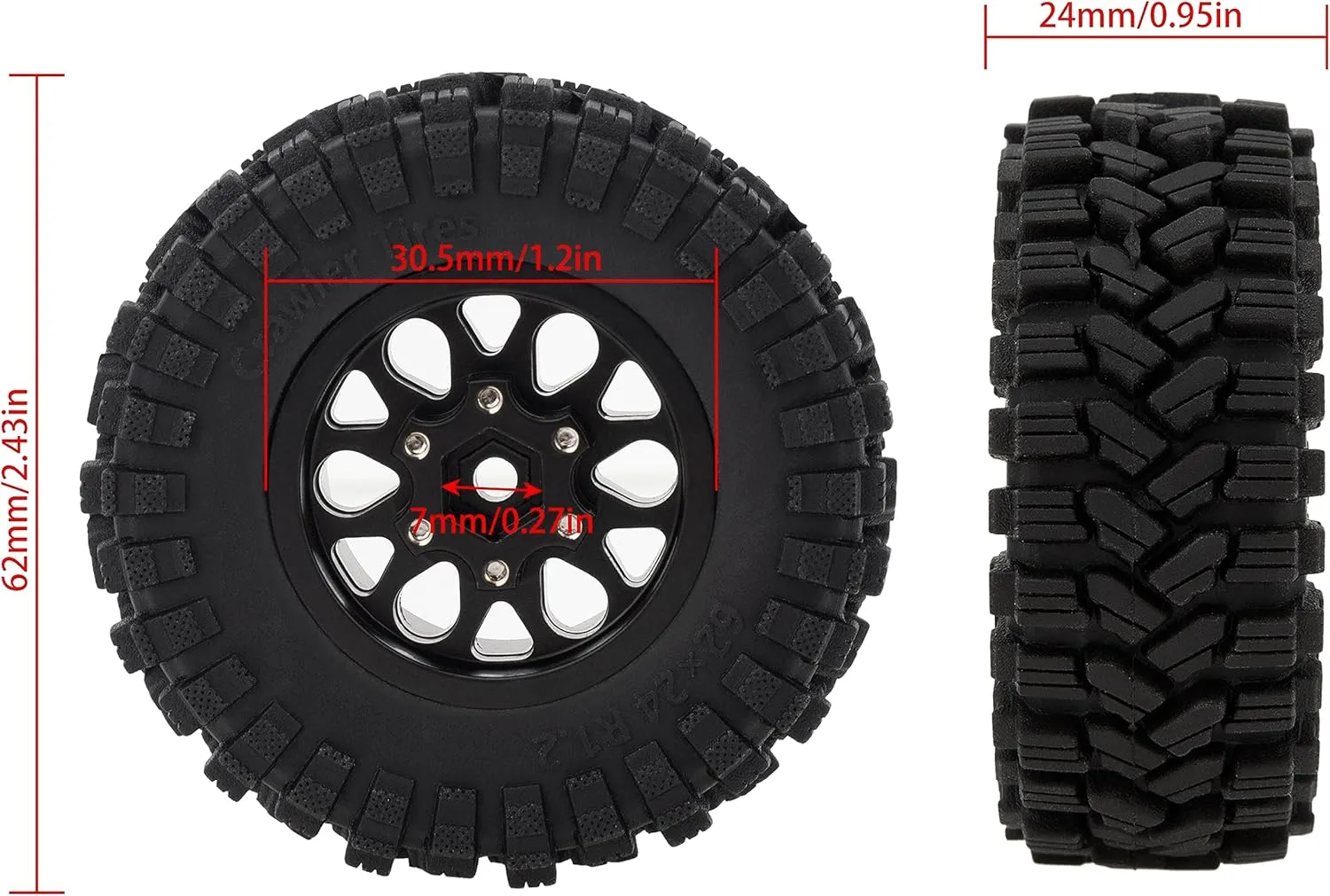 MEUS RACING 1.2 Beadlock Wheels Tires Set Brass Rim for TRX4M SCX24 FCX24 AX24 1/24 1/18 RC Crawler Car, Negative 4mm 42g (Black Model A)