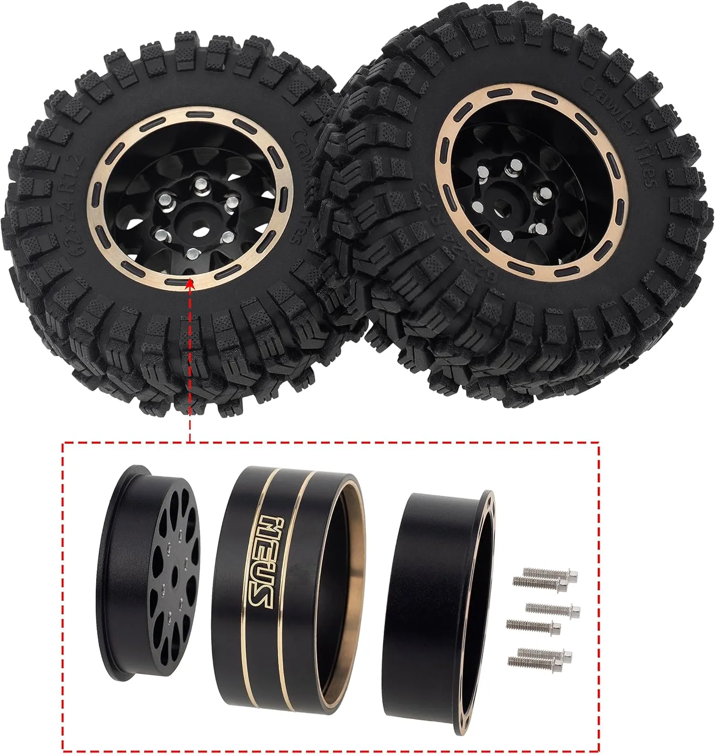 MEUS RACING 1.2 Beadlock Wheels Tires Set Brass Rim for TRX4M SCX24 FCX24 AX24 1/24 1/18 RC Crawler Car, Negative 4mm 42g (Black Model A)