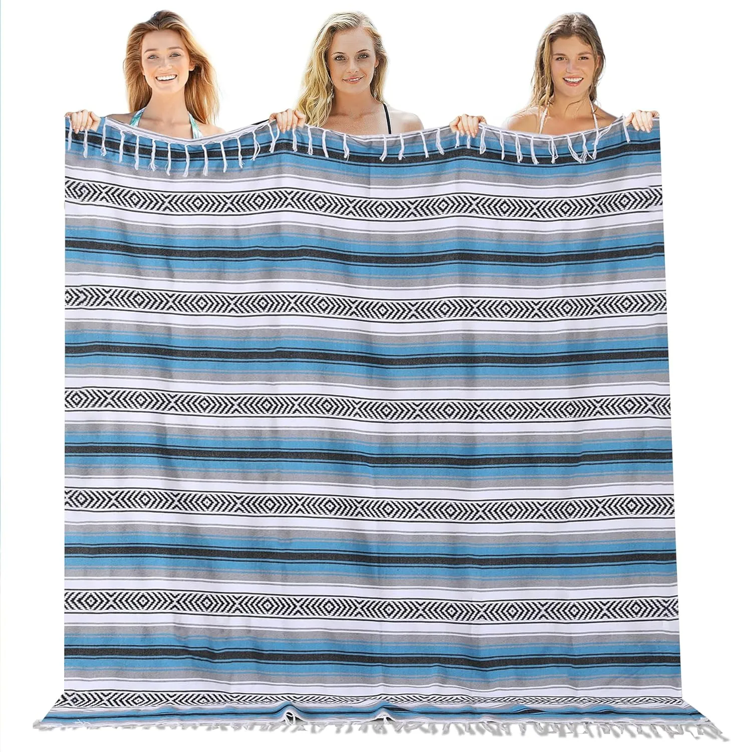 Mexican Throw Blanket Lightweight Serape Outdoor Extra Large Picnic Camping Blanket Beach Blanket Turkish Towel XL Sandproof Fast Dry Compact Honeymoon Gift Tent Gadgets 60" x 78" Blue