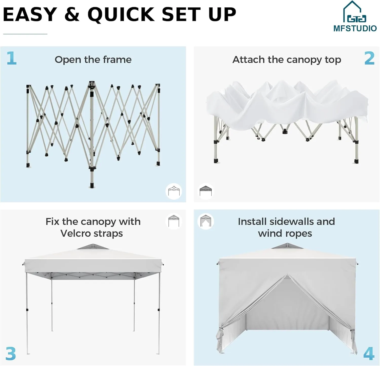 MFSTUDIO 10x10 Pop Up Canopy Tent with Removable Sidewalls, Outdoor Enclosed Instant Portable Shelter with Breathable Mesh Windows, One Person Setup, White