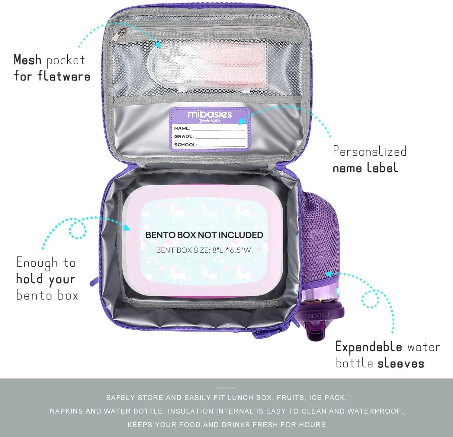 mibasies Girls Lunch Bag for Kids Insulated Lunch Box with Shoulder Strap and Bottle Holder, Green Blue Purple