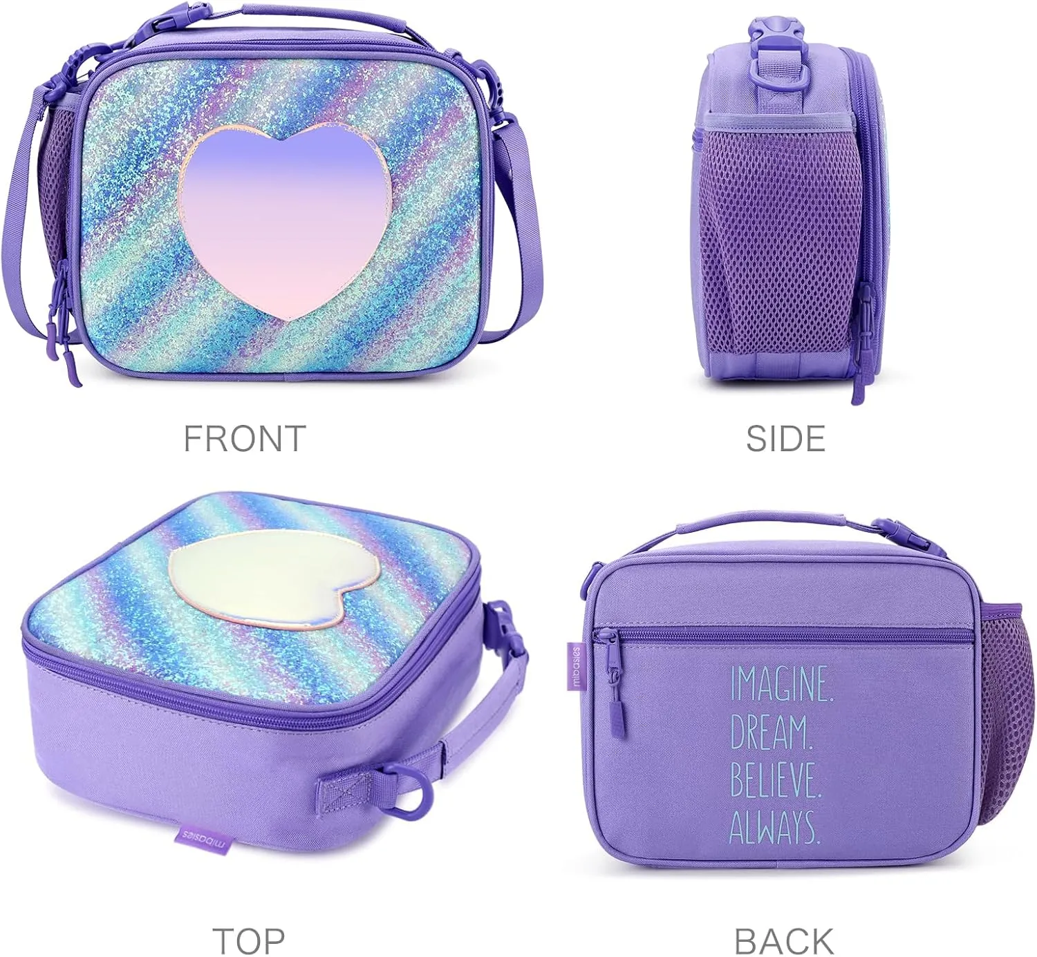 mibasies Girls Lunch Bag for Kids Insulated Lunch Box with Shoulder Strap and Bottle Holder, Green Blue Purple