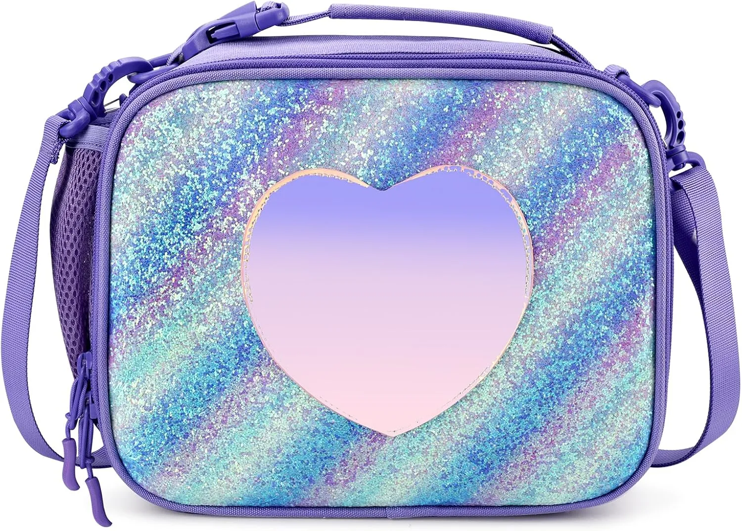 mibasies Girls Lunch Bag for Kids Insulated Lunch Box with Shoulder Strap and Bottle Holder, Green Blue Purple