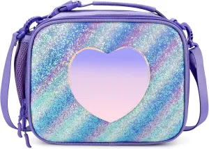 mibasies Girls Lunch Bag for Kids Insulated Lunch Box with Shoulder Strap and Bottle Holder, Green Blue Purple