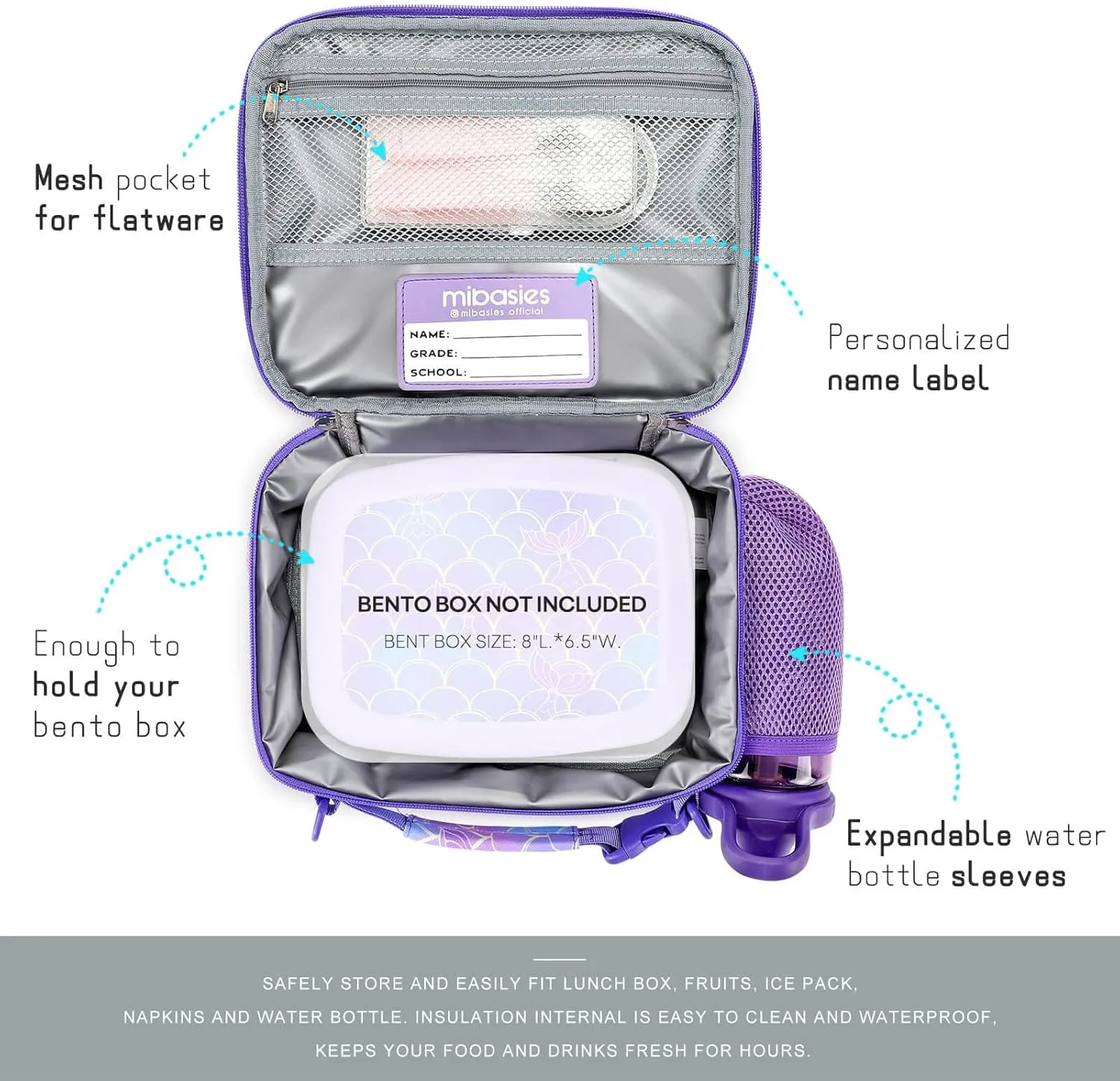 mibasies Girls Lunch Bag for Kids Insulated Lunch Box with Shoulder Strap and Bottle Holder, Mermaid Tail