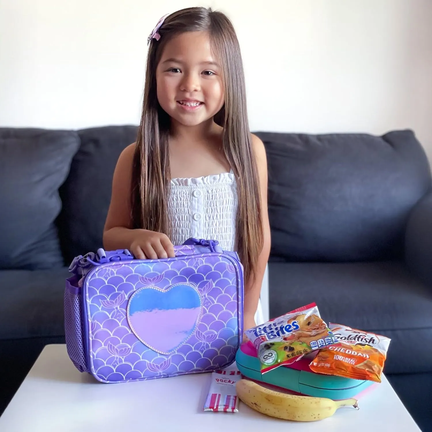 mibasies Girls Lunch Bag for Kids Insulated Lunch Box with Shoulder Strap and Bottle Holder, Mermaid Tail
