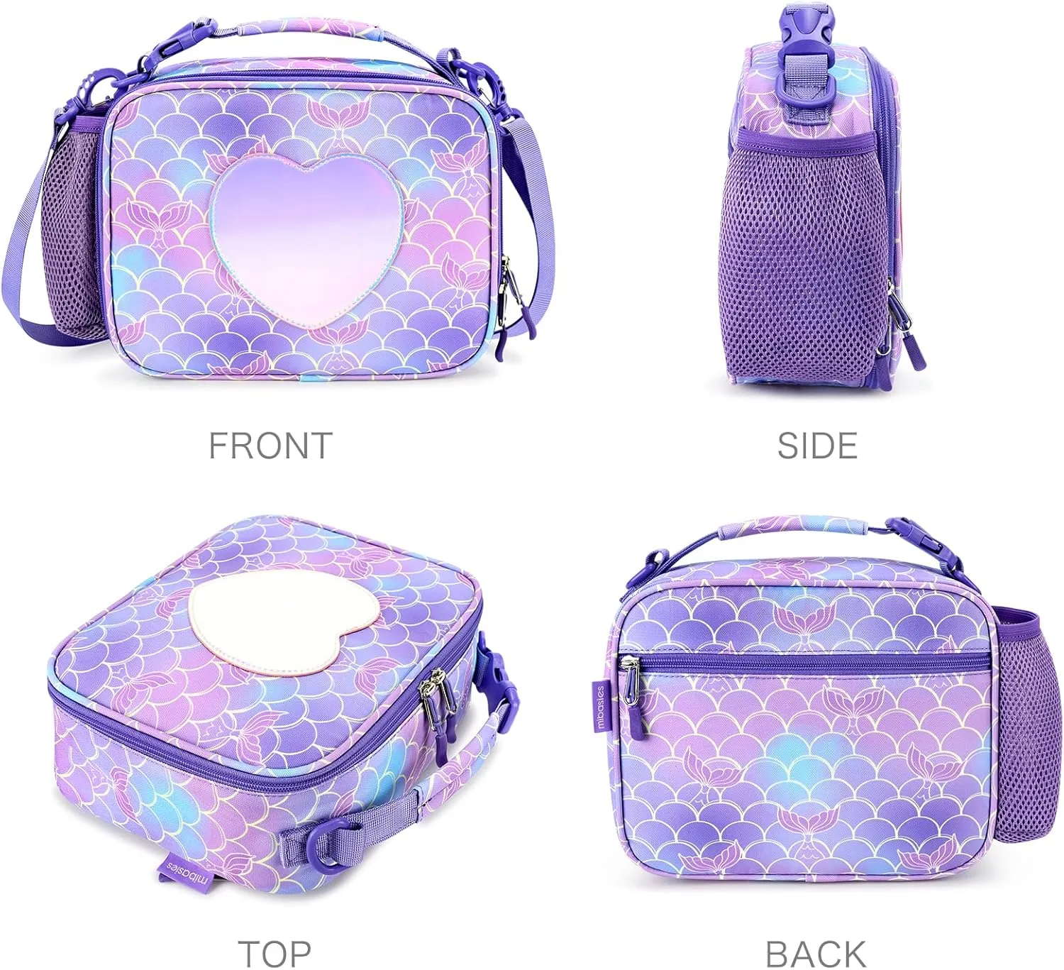 mibasies Girls Lunch Bag for Kids Insulated Lunch Box with Shoulder Strap and Bottle Holder, Mermaid Tail