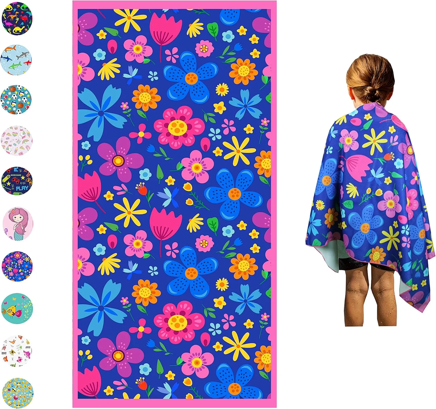 Microfiber Beach Towel for Kids - Thin and Large (30"x60") - Floral - Absorbent, quick dry, sand free, lightweight, blanket - toddler, girls, boys - For Sports, Pool, Picnic, Camping, Travel, Swim