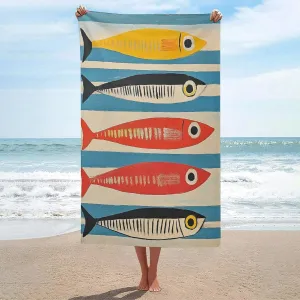 Mid Century Sardines Minimalist Beach Towel Sand Free Microfiber Large Shower Towels Multipurpose Absorbent for Bathroom Pool 52x32 Inch