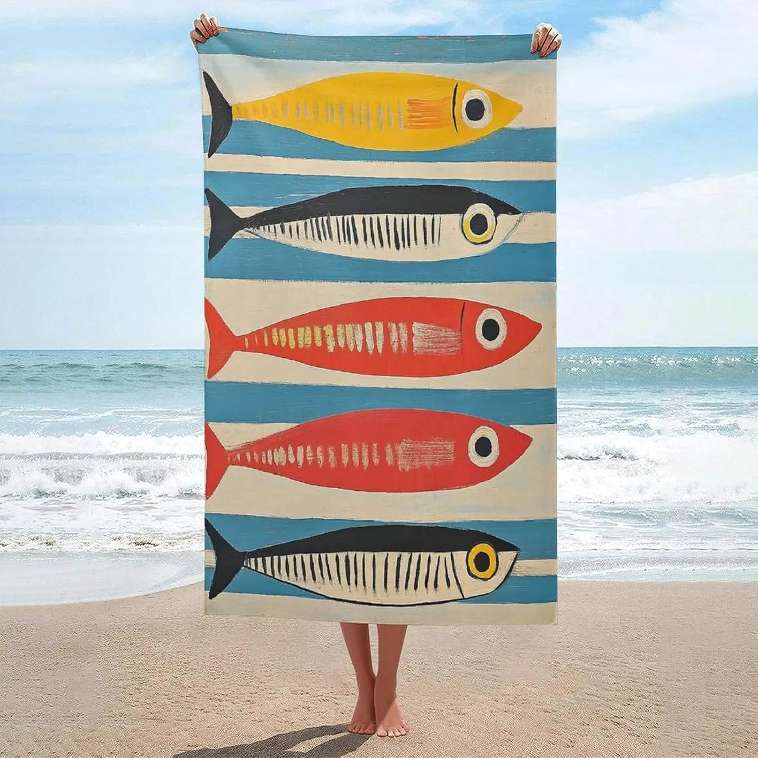 Mid Century Sardines Minimalist Beach Towel Sand Free Microfiber Large Shower Towels Multipurpose Absorbent for Bathroom Pool 52x32 Inch
