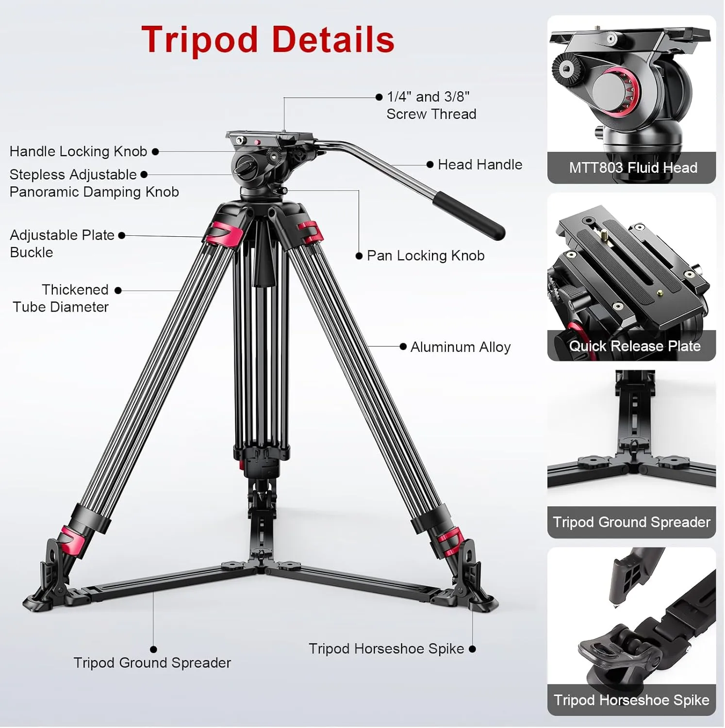 miliboo MTT609A Professional Video Tripod with Fluid Head Heavy Duty Tripod with Ground Spreader, Max Load 33 lbs, Max Height 66 inches, for Pro Photographers, Aluminum, Upgradeable to Carbon Fiber
