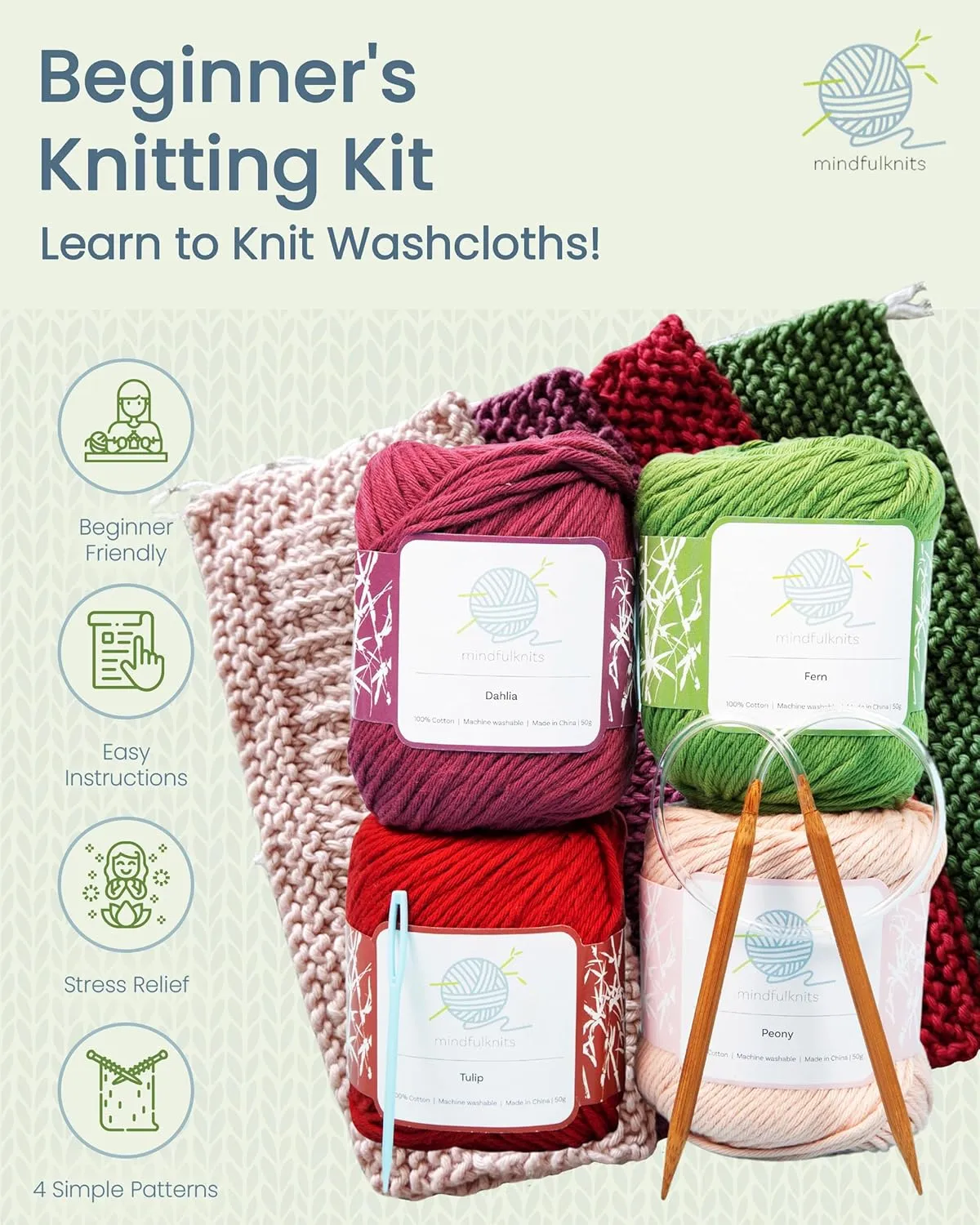 mindfulknits - Beginners Washcloth Knitting Kit - Includes 100% Cotton Knitting Yarn   Circular Knitting Needles & Yarn Needle (Flora Colored Cotton Yarn) - Mindful Crafting Kit