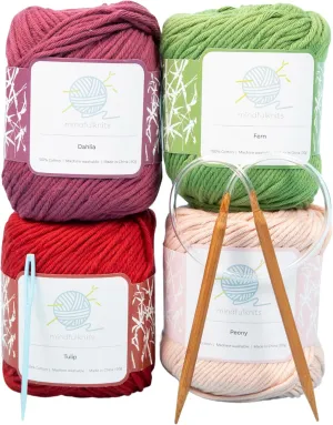 mindfulknits - Beginners Washcloth Knitting Kit - Includes 100% Cotton Knitting Yarn   Circular Knitting Needles & Yarn Needle (Flora Colored Cotton Yarn) - Mindful Crafting Kit