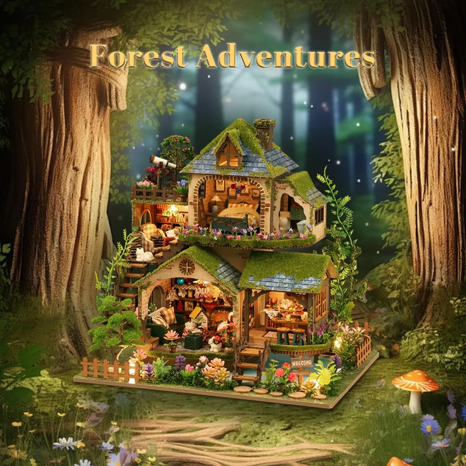 Miniature House Kit, 3D Puzzles for Adults, DIY Miniature Kit, Dollhouse Kit, Mini House Building Kit, Doll House Kits for Adults Teen to Build (Forest Adventure)