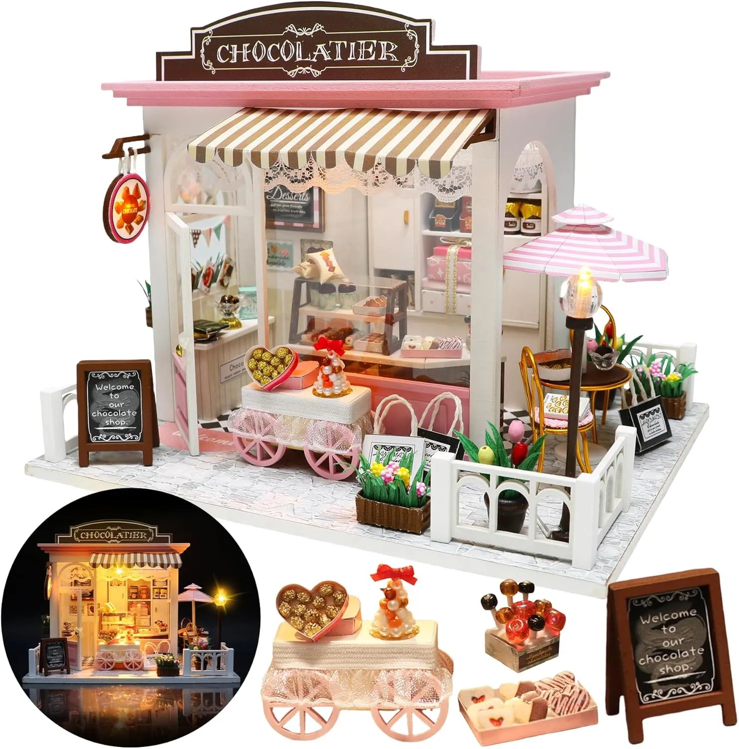 Miniature House Kit, Miniature Dollhouse for Beginners, Mayberry Street Miniatures, Model Building Craft Diorama Kit, Ideal Gifts for Birthday, Easter Christmas(Chocolate Shop)