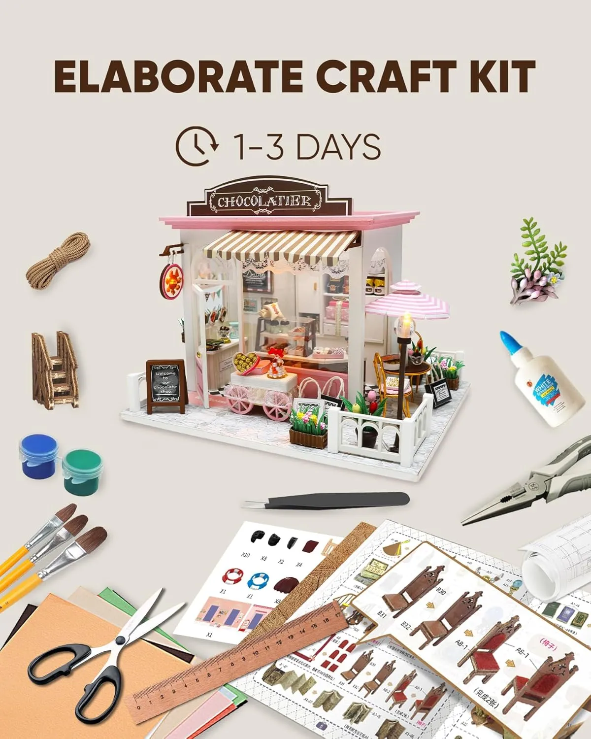 Miniature House Kit, Miniature Dollhouse for Beginners, Mayberry Street Miniatures, Model Building Craft Diorama Kit, Ideal Gifts for Birthday, Easter Christmas(Chocolate Shop)