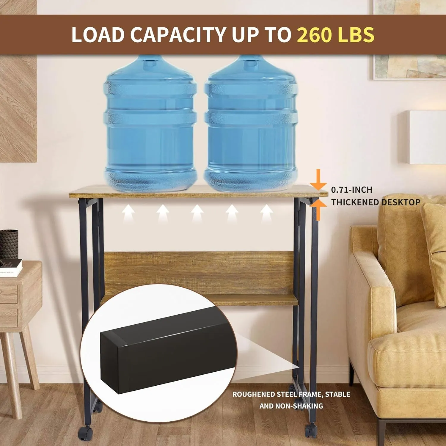 Mobile Foldable Desk w/ 6 Wheels,Portable Rolling Small Computer Desk w/Storage Shelves, Folding desks for Small Spaces, Computer Table for Home Office Bedroom Living Room-Brown