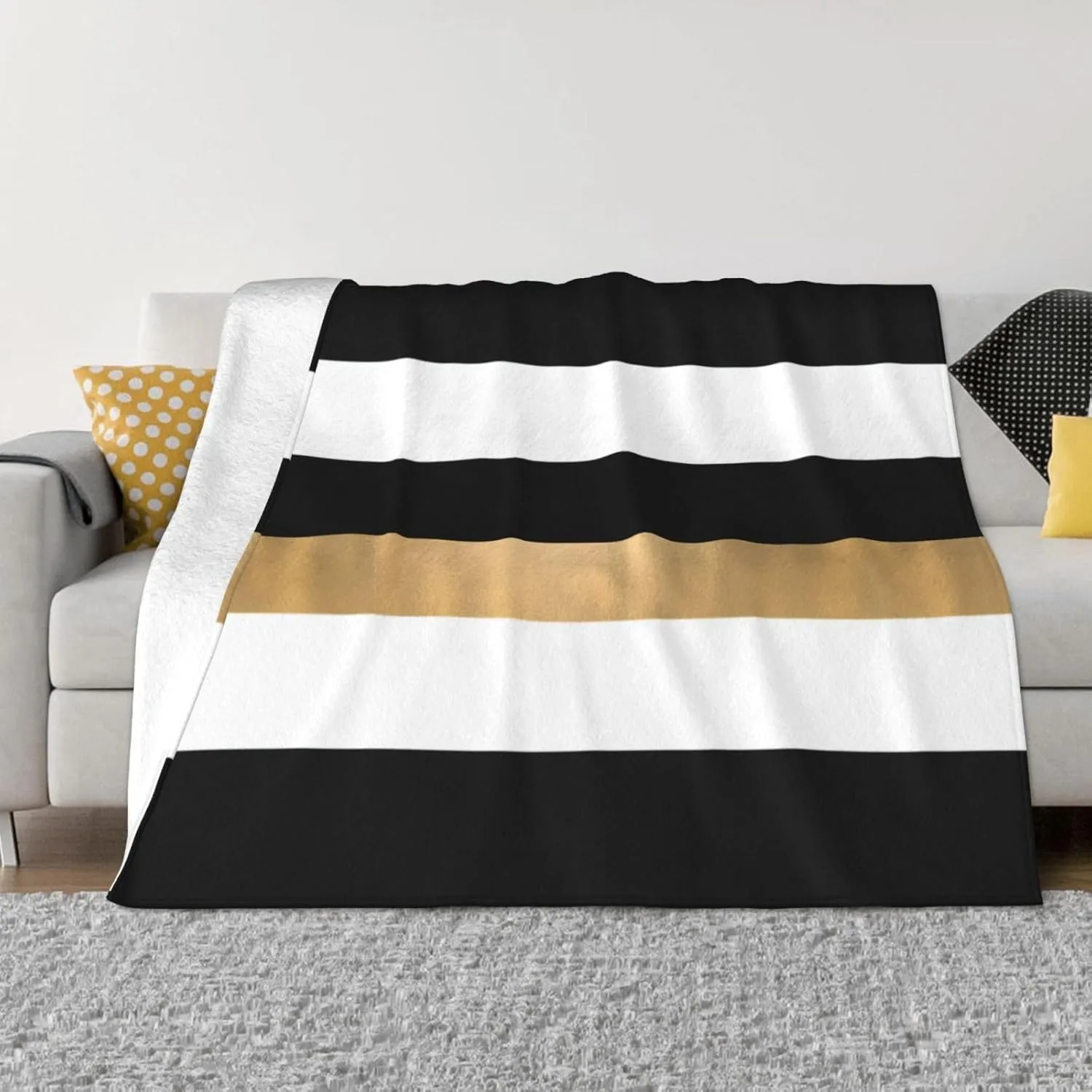 Modern Black White and Gold Striped 60"X50" Flannel Blanket - 100% Soft Polyester, Lightweight and Warm, Suitable for Families, Camping, Travel