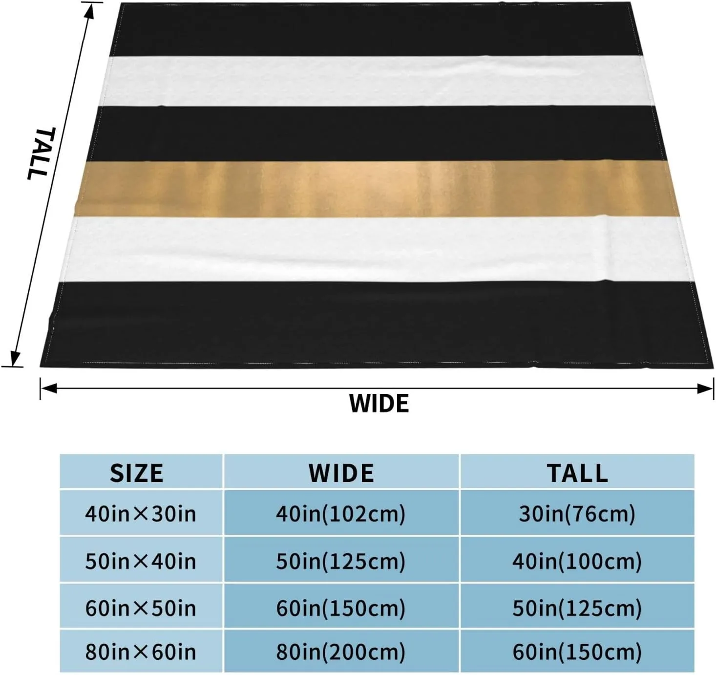 Modern Black White and Gold Striped 60"X50" Flannel Blanket - 100% Soft Polyester, Lightweight and Warm, Suitable for Families, Camping, Travel