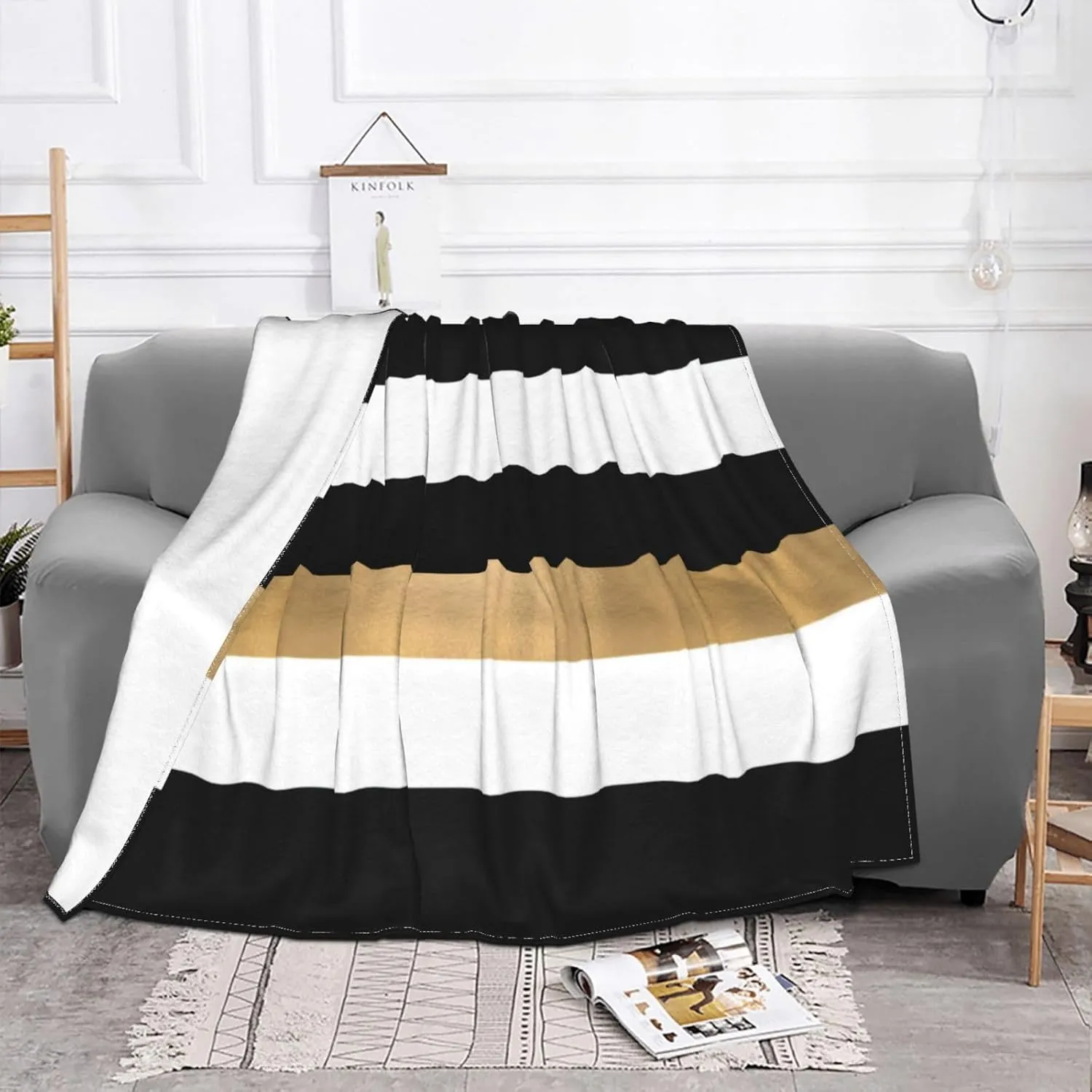 Modern Black White and Gold Striped 60"X50" Flannel Blanket - 100% Soft Polyester, Lightweight and Warm, Suitable for Families, Camping, Travel