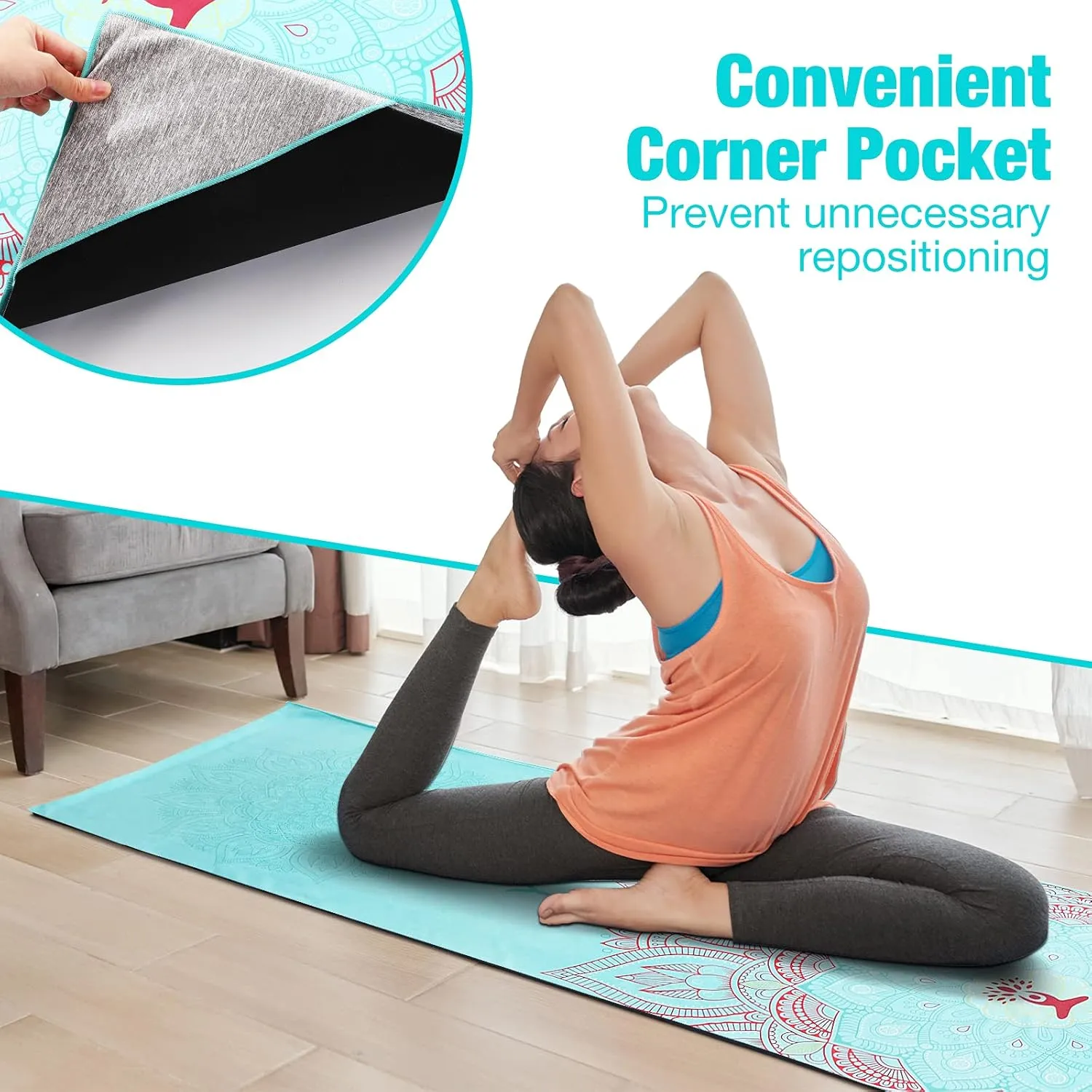 MoKo Yoga Towel, Non Slip Hot Yoga Mat Yoga Blanket Printing Pattern Quick Dry with Corner Pocket for Bikram, Pilates, Gym Workout, Outdoor Picnic