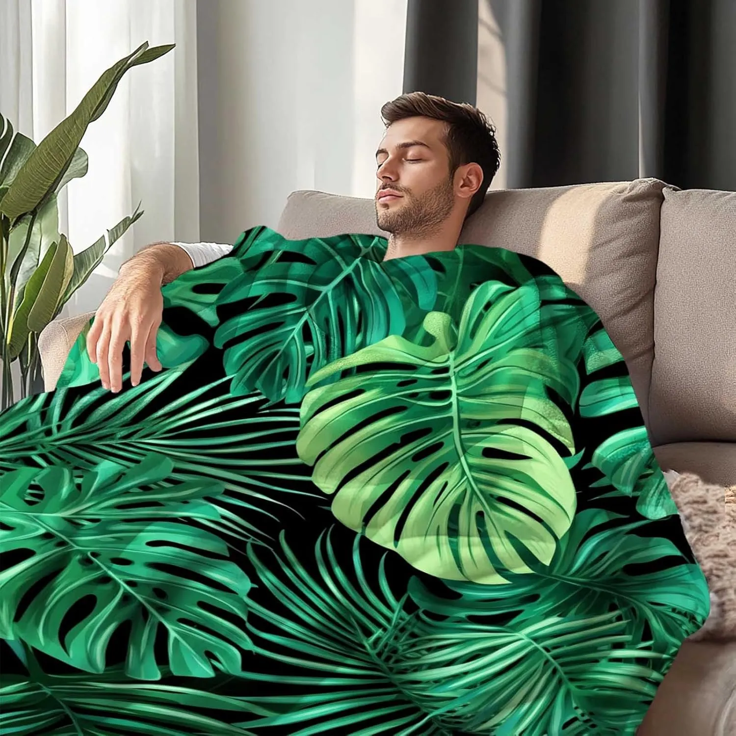 Monstera Throw Blanket, Lightweight Tropical Jungle Plant Leaf Fleece Blanket Throw for Men and Women, 80"x60", Perfect for Living Room, Bed, or Home Decor