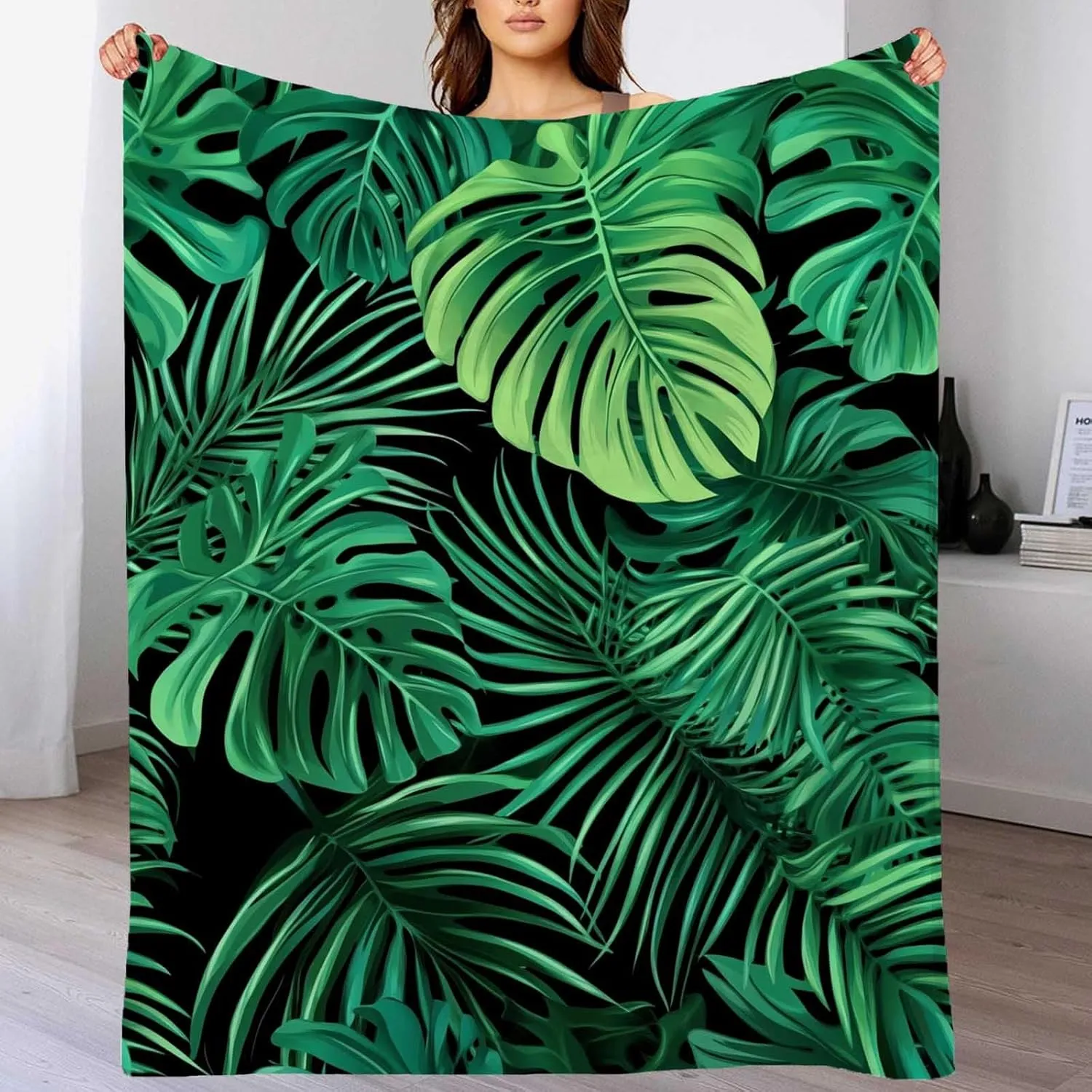 Monstera Throw Blanket, Lightweight Tropical Jungle Plant Leaf Fleece Blanket Throw for Men and Women, 80"x60", Perfect for Living Room, Bed, or Home Decor