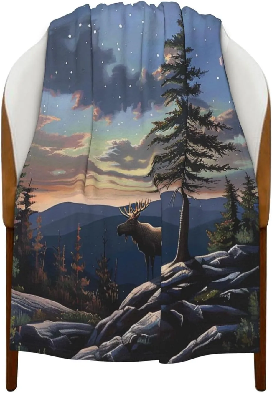 Moose Mountain Pine Tree Wilderness Printed Blanket 30x40 inch Cute Warm 280g Flannel Small Throw Blankets for Bed Couch Sofa Office