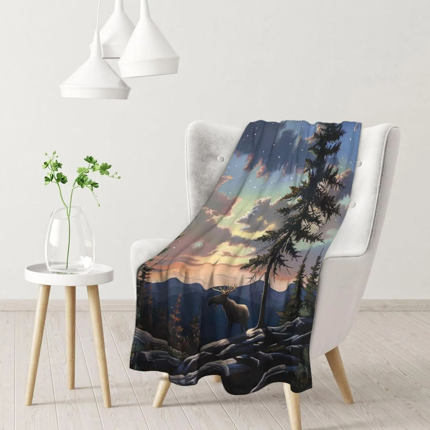 Moose Mountain Pine Tree Wilderness Printed Blanket 30x40 inch Cute Warm 280g Flannel Small Throw Blankets for Bed Couch Sofa Office